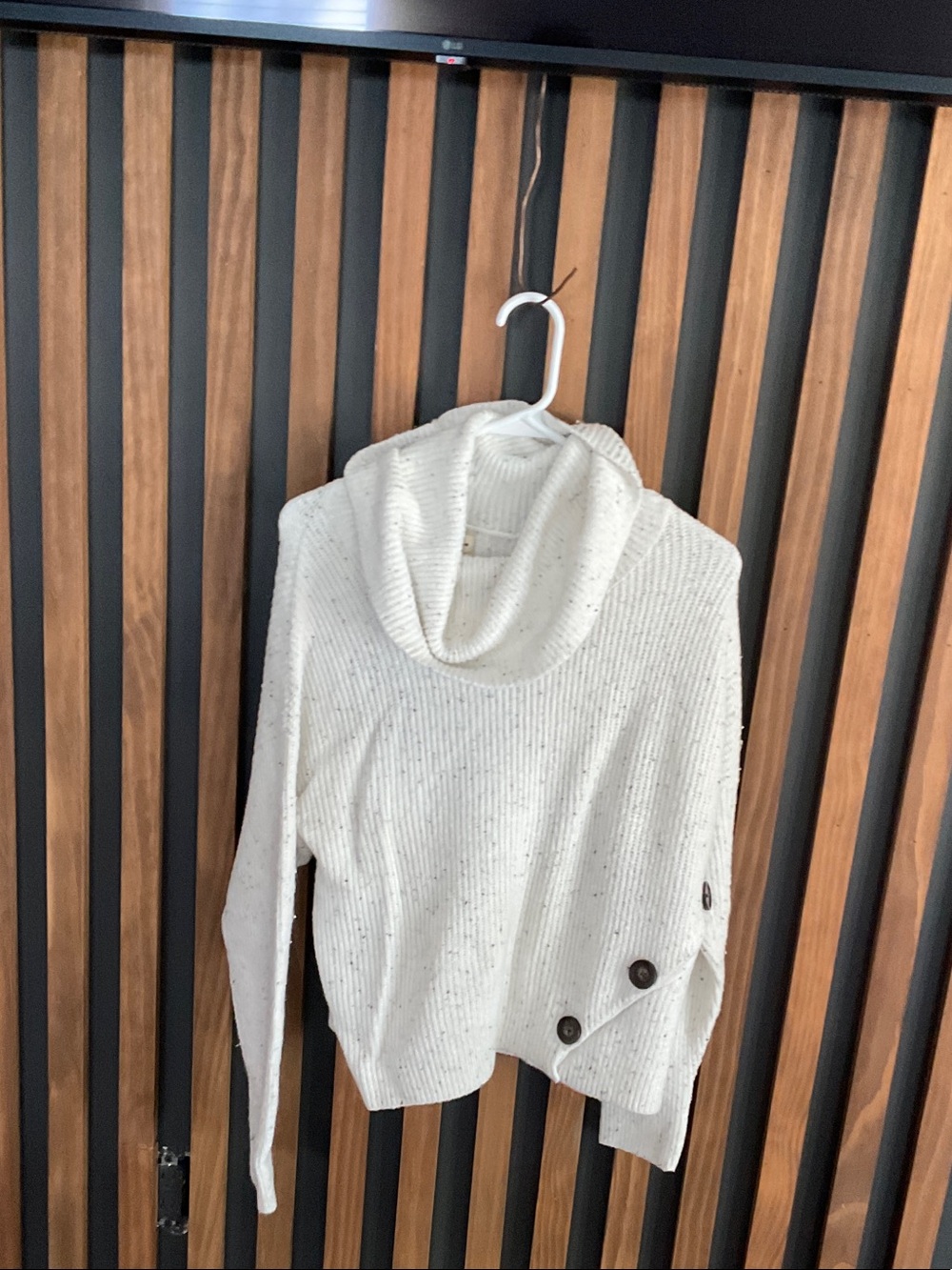 Cream Cowl-Neck Button-Hem Knit Sweater